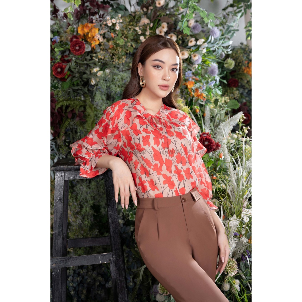 Áo tơ nền hồng in hoa, tay liền can bèo cá tính - TOSON - 14522P11