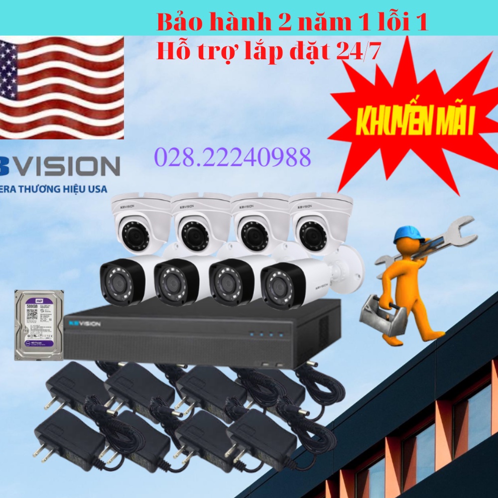 Bộ Camera KBVISION 2 3 4 mắt đến 8 mắt 2mp FullHD 1080p đầy đủ phụ kiện đấu nối sẵn hàng chính hãng