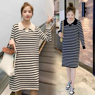 Váy len suông kẻ ngang cổ bẻ tay dài