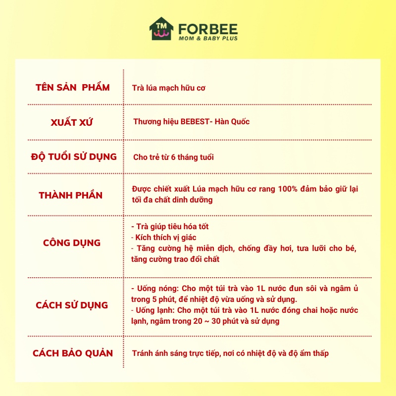 Trà lúa mạch BEBEST - Tăng cường miễn dịch cho bé (20 gói/hộp)- FORBEE