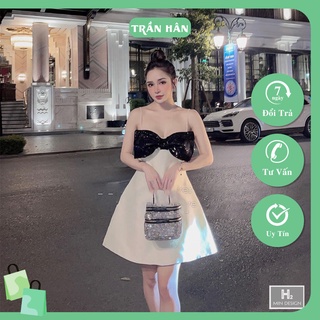 Váy thiết kế nữ hai dây trễ vai tafta nơ đen dáng dài thời trang đi tiệc dạo phố siêu sanh chảnhI Trần Hân Shop