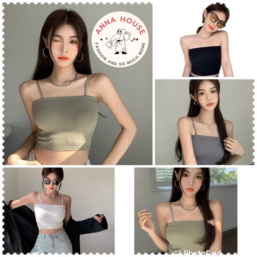 Áo bra hai dây sợi dẹt có đệm ngực dáng ngắn croptop chất gân tăm co giãn, áo bra 2 dây quây ngực có đệm mút