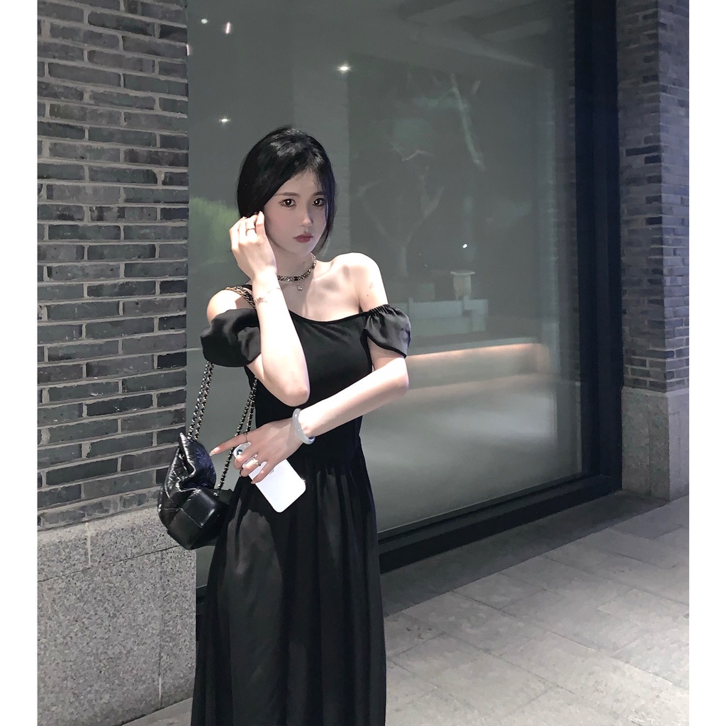 Đầm Trễ Vai Tay Ngắn Màu Đen Thời Trang Quyến Rũ Cho Nữ