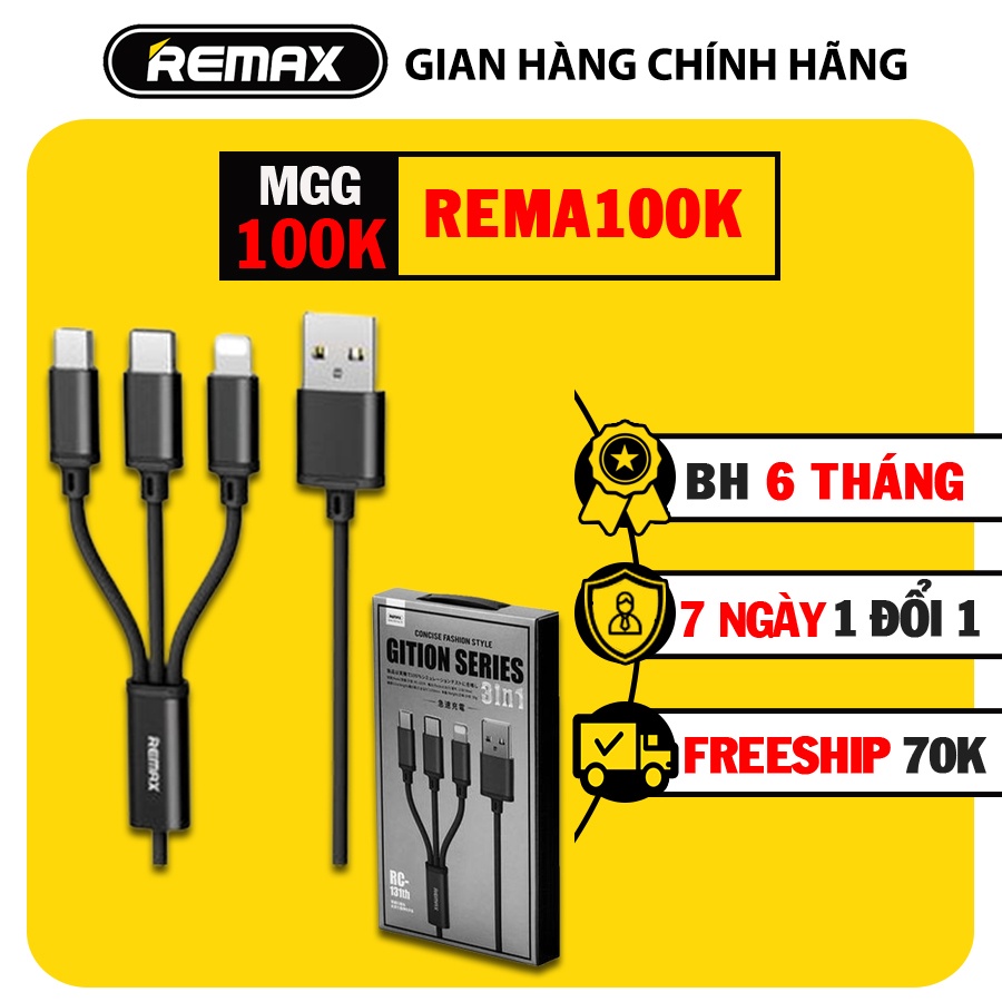 Dây sạc 3 đầu, Cáp Sạc 3 In 1 Bọc Dù Remax RC-131th - Hàng Chính Hãng