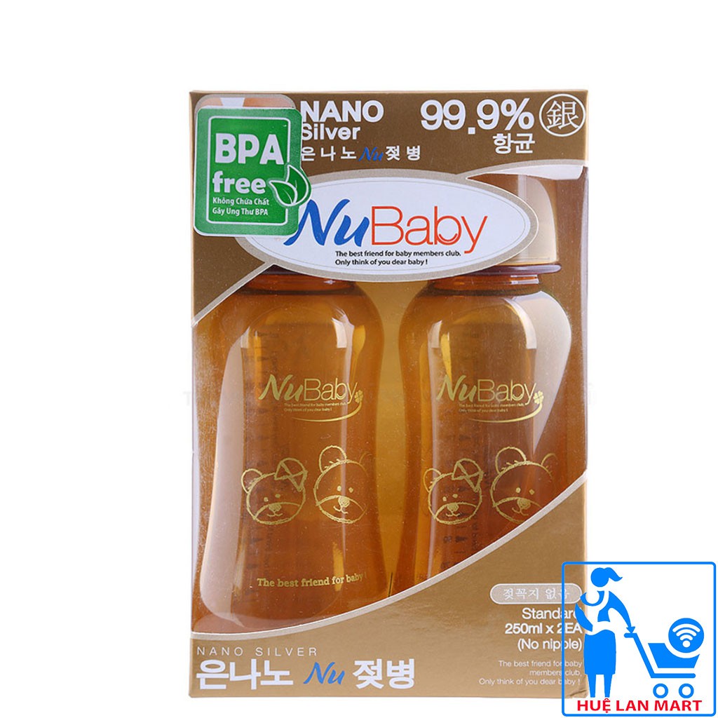 [CHÍNH HÃNG] Bộ Đôi Bình Sữa NuBaby NANO Silver Cổ Nhỏ 250ml (Không có núm)