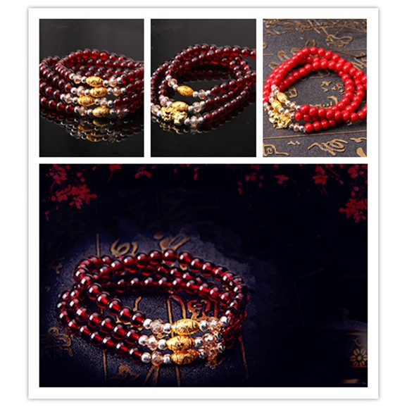 18K Yellow Gold Bless Pixiu Red Garnet Bead multilayer Bracelet Stretchy Bangle