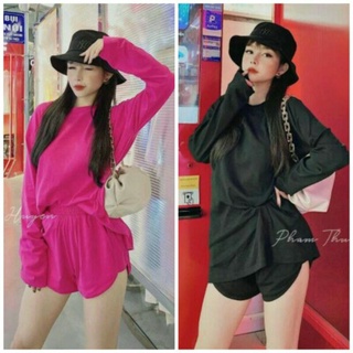 Sét Áo Thun Dài Tay Mix Quần Sooc Vạt Bầu ,Bộ Cottong Nữ Thun Dáng Thụng