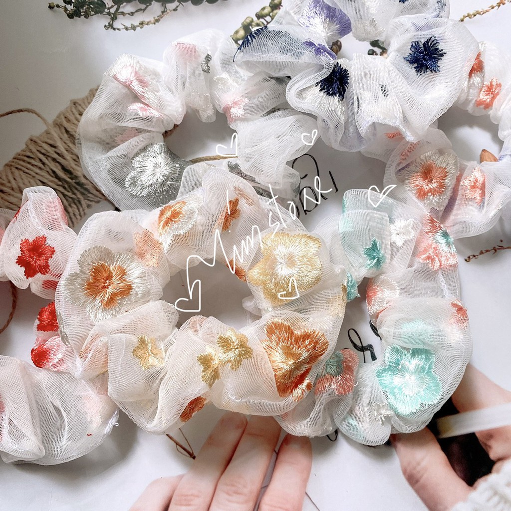 {ẢNh thật}SCRUNCHIES THUN LƯỚI HOA THÊU VINTAGE- CỘT TÓC VẢI THỜI TRANG NỮ GIÁ RẺ