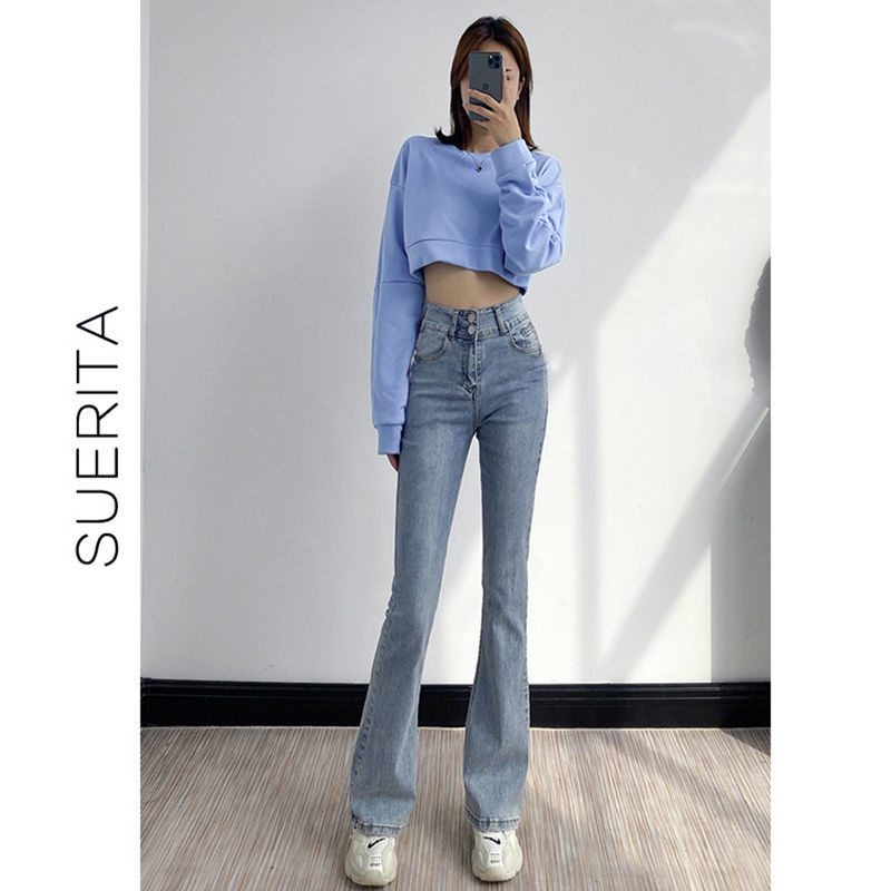 Quần Jeans Lưng Cao Ống Loe Size Lớn Phong Cách Hàn Quốc 2021