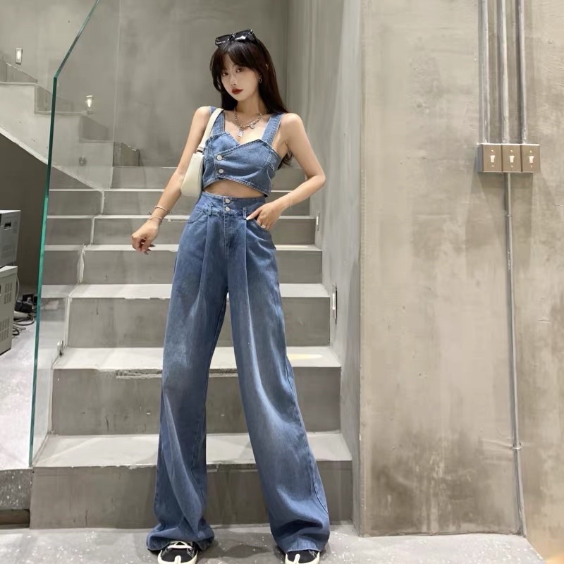 Order | Set áo dây jeans croptop + quần jeans ống rộng cạp cao
