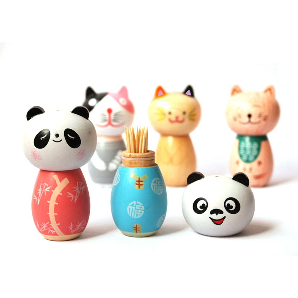 Hộp gỗ tự nhiên đựng tăm xỉa răng hình mèo/ gấu/ panda độc đáo