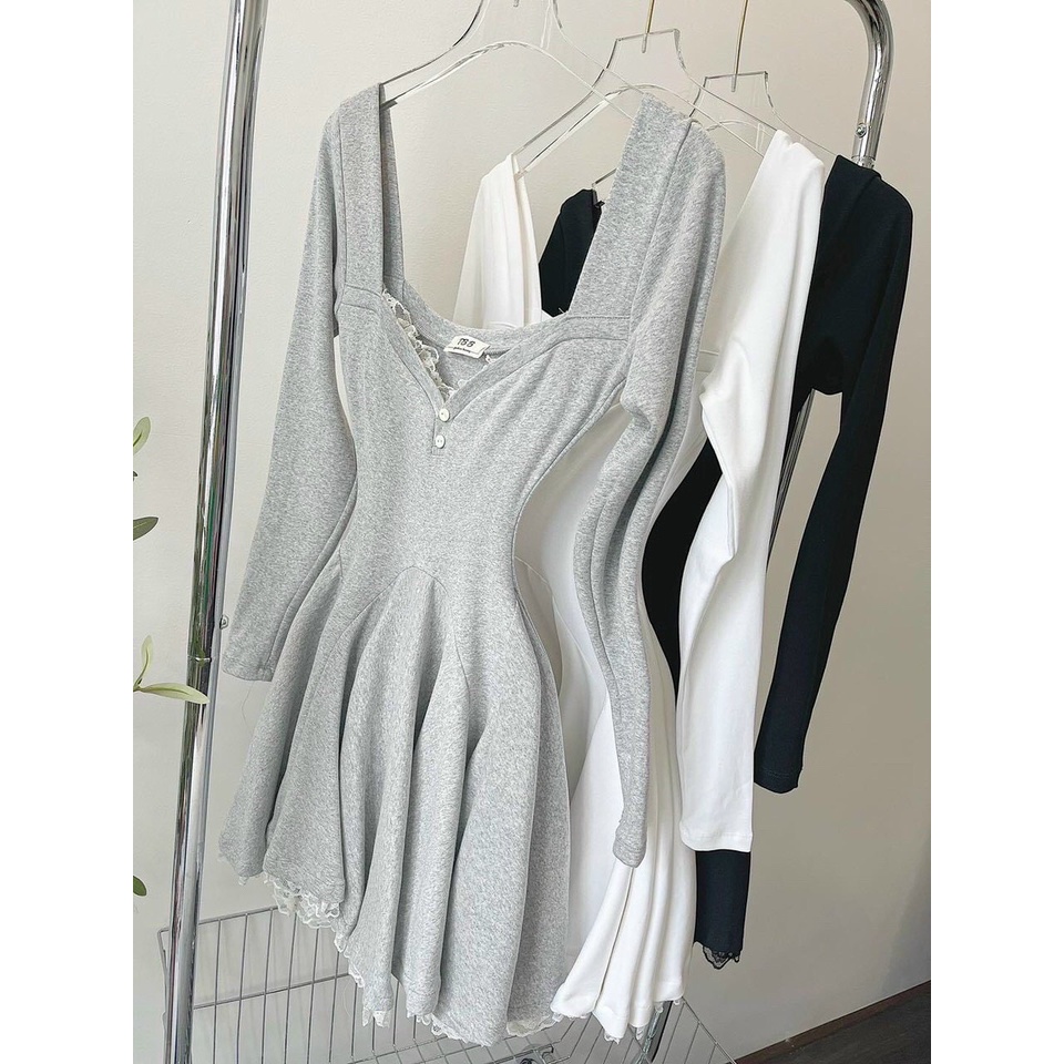 đầm gân xòe viền ren cổ vuông nút dài tay hot