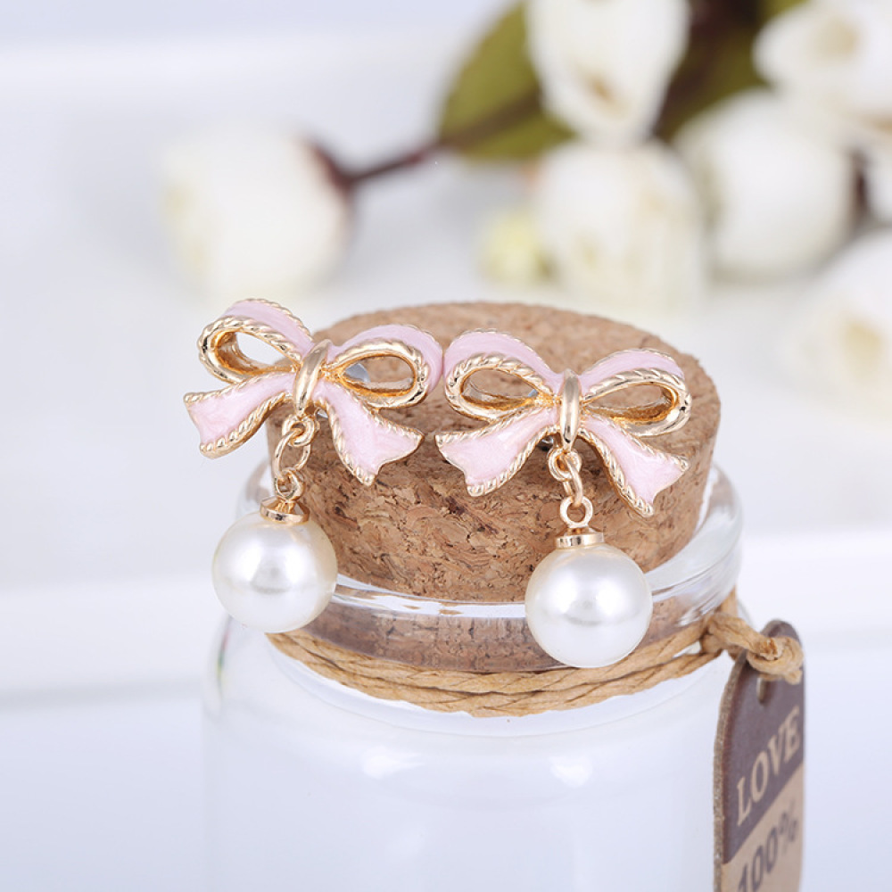 Khuyên kẹp tai hình nơ đính ngọc trai giả không cần xỏ lỗ cho nữ