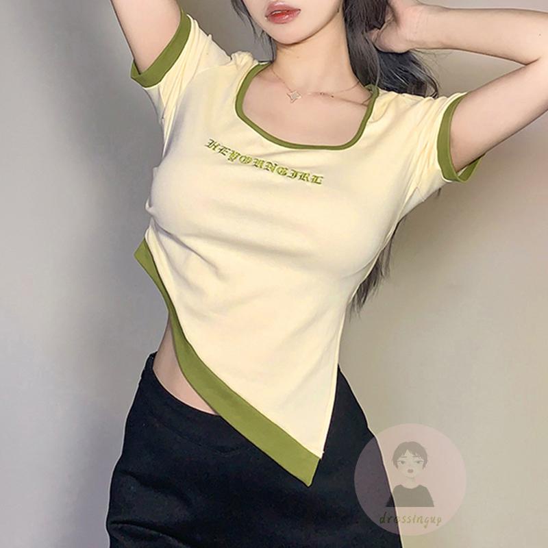 Áo Thun Tay Ngắn Cổ Tròn Màu Sắc Tương Phản Thời Trang Dành Cho Nữ