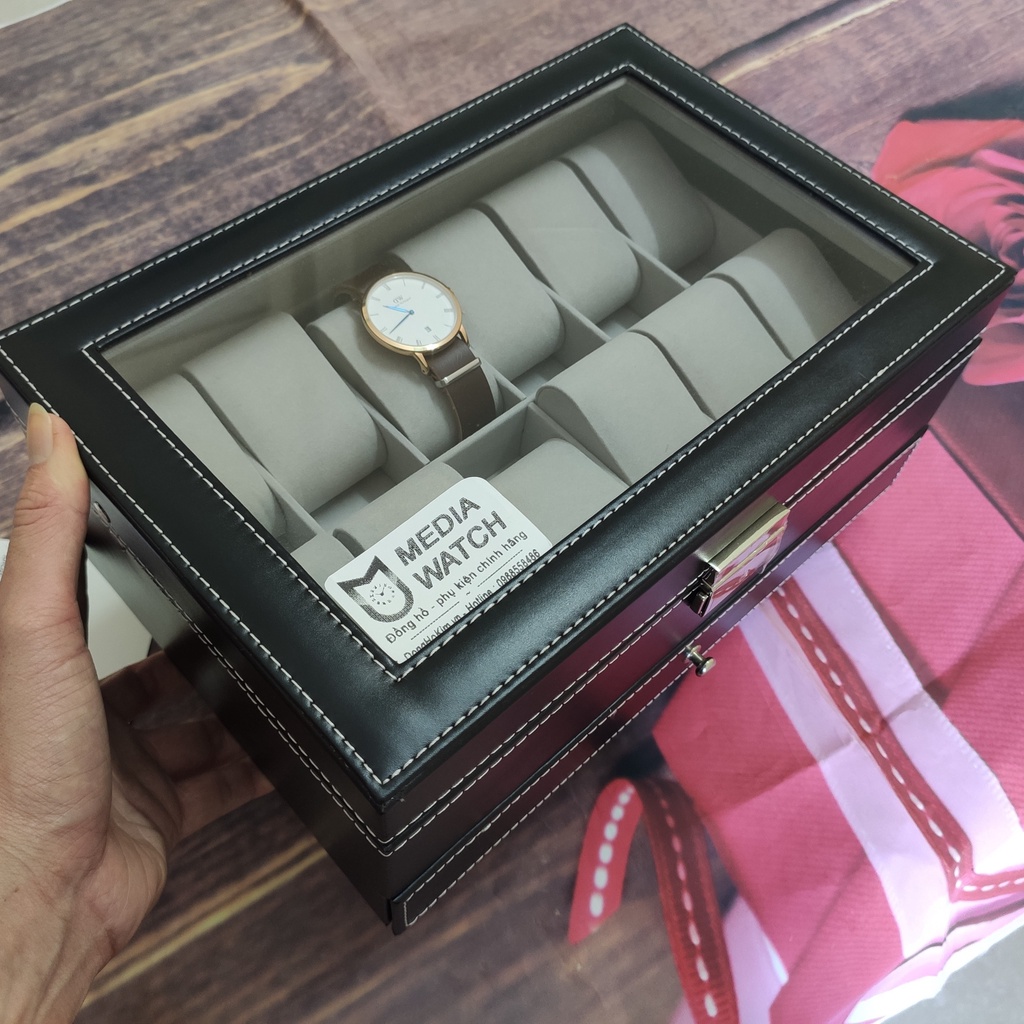 Hộp đựng đồng hồ, hộp đựng 12 đồng hồ và trang sức 2 tầng bọc da màu đen sang trọng
