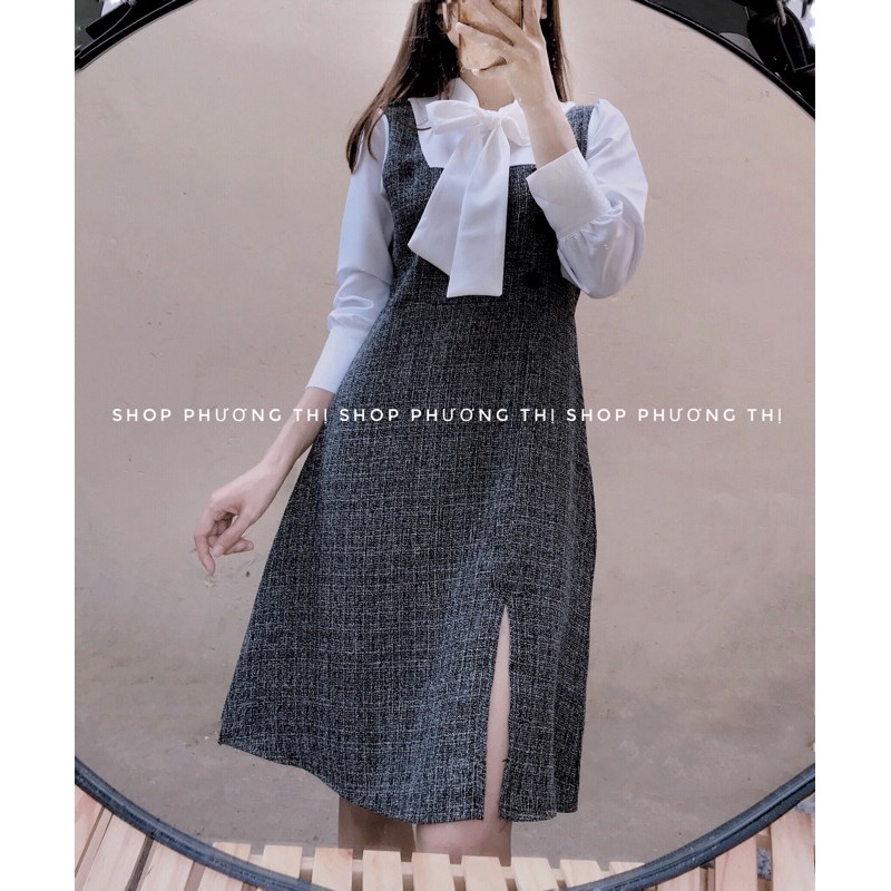 [Mã FAGREEN1505 giảm tới 30K đơn 99K] Váy dạ pha tay sơmi thiết kế nơ cổ siêu sang (có hình thật/video/sẵn) | BigBuy360 - bigbuy360.vn