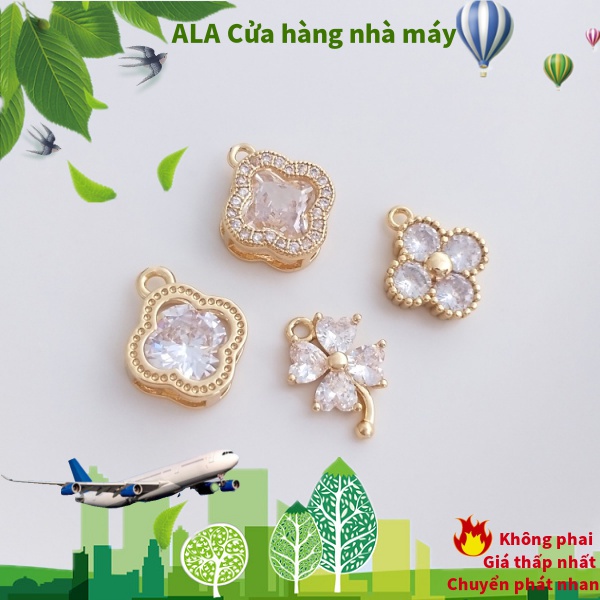 💖Đồ trang sức DIY💖Màu Sắc Mặt Vòng cổ Mạ Vàng 14k Hình Cỏ Bốn Lá Đính Đá Zircon