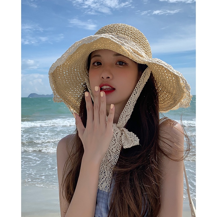 Mũ nón cói nữ đi biển vành rộng thời trang cao cấp tiểu thư có dây buộc