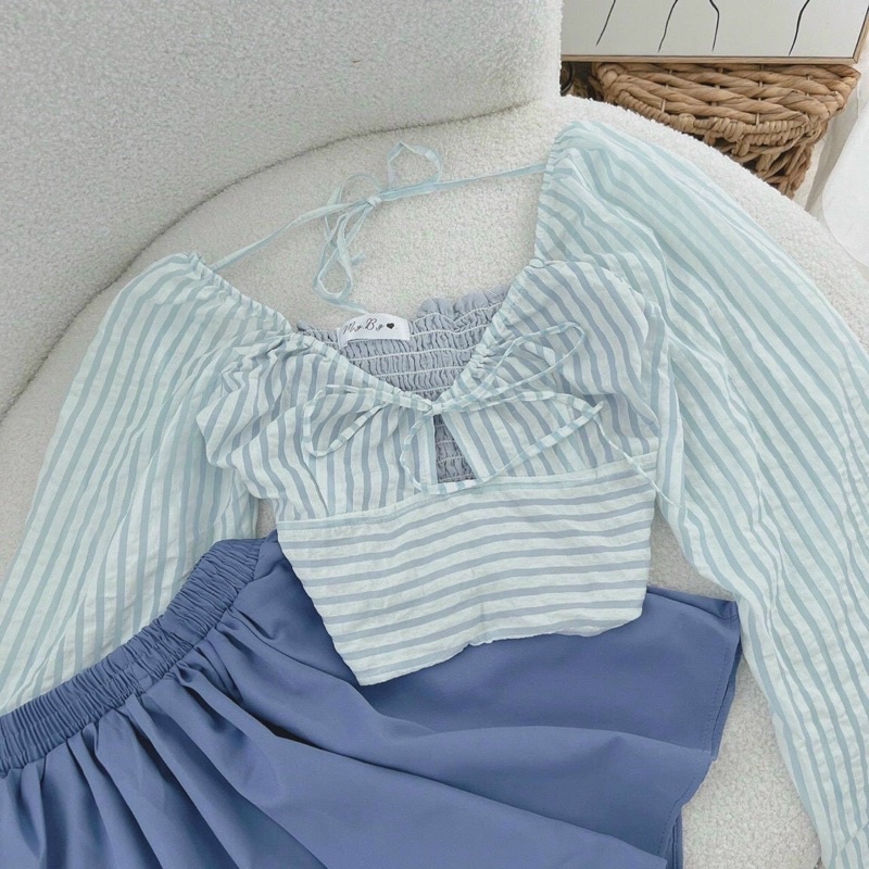 Set quần xanh áo crop xanh sọc 13780