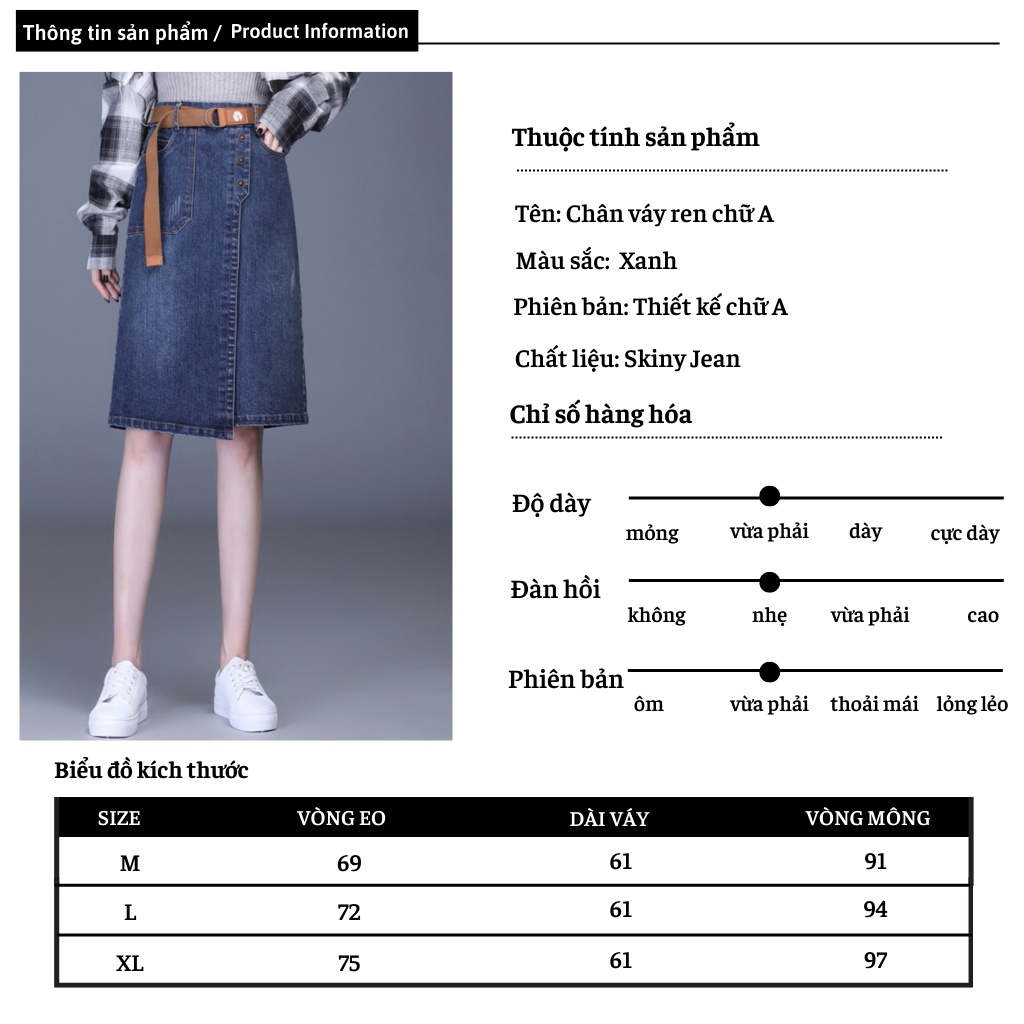 Chân váy jean  dài ngang gối dáng chữ a lưng cao xẻ tà phối vạt cúc lệch trẻ trung sành điệu