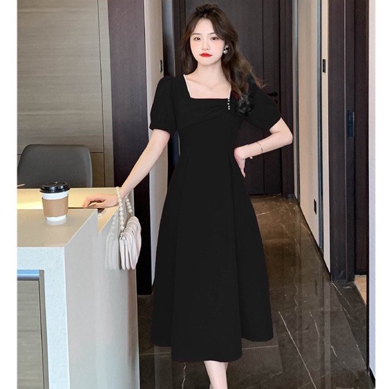 Đầm Váy Thiết Kế Đi Tiệc MAIHOUSE Nhún Ngực Cổ Vuông Tay Phồng Dáng Xoè Chất Cotton Màu Đen , Xanh , Đỏ - D2408