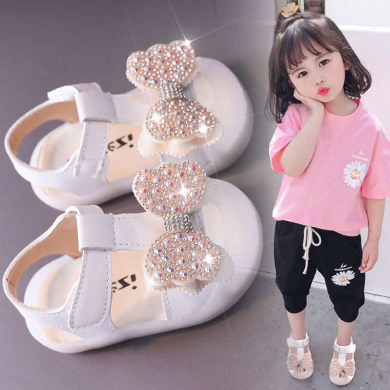 Sandal nơ đính đá cao cấp lấp lánh mũi bo cao bảo vệ đầu ngón chân bé