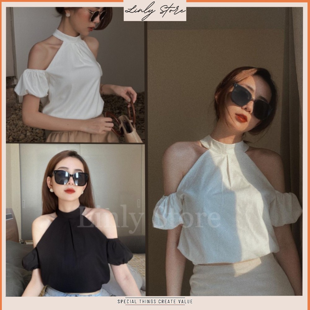 Áo trễ vai tay bồng - Croptop phối cổ yếm - Áo kiểu chất Linen A-CY | BigBuy360 - bigbuy360.vn