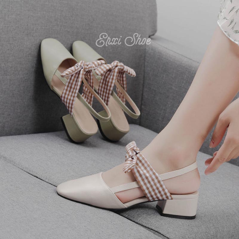 Giày Cao Gót Kẻ Sọc Đính Nơ Dễ Thương Cho Nữ