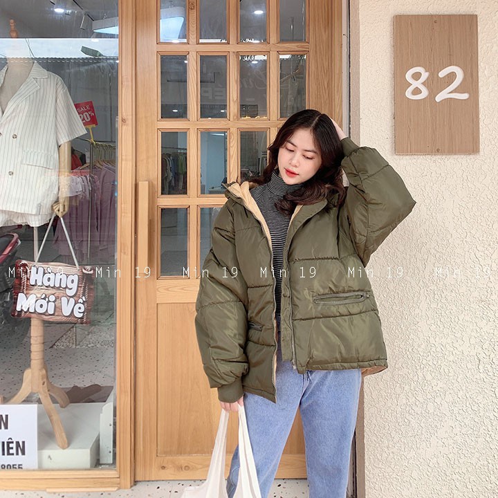 Áo phao nữ Hàn Quốc MIN19 áo khoác form rộng siêu nhẹ dáng dài chùm mông vải kaki chống nước màu vàng hồng thời trang | BigBuy360 - bigbuy360.vn