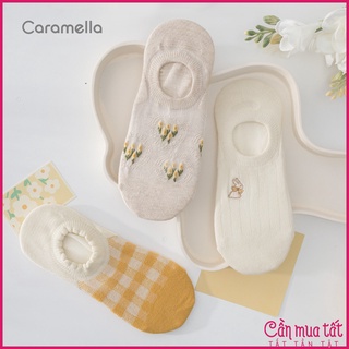 Tất nữ Caramella cổ lười hoa vàng, set tất nữ 3 đôi cao cấp kèm túi zip xinh xắn 513473