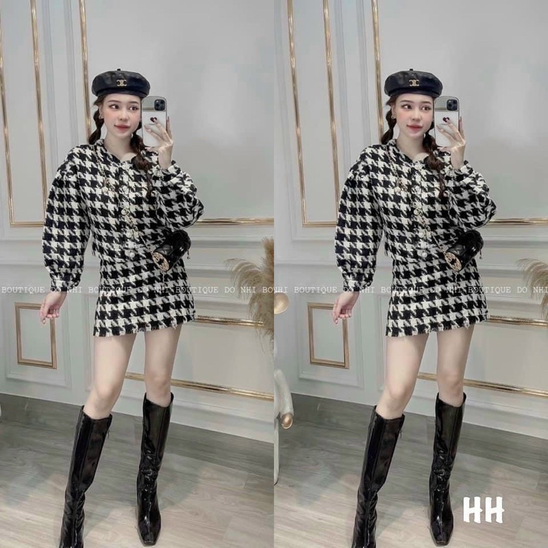 Set dạ kẻ mẫu mới gồm chân váy + áo khoác dạ | BigBuy360 - bigbuy360.vn