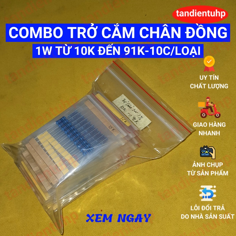 Trở cắm 1W màng kim loại, chân Đồng, sai số 1% , 21 mã từ 10K đến 91K mỗi mã 10 chiếc, thương hiệu Đài Loan