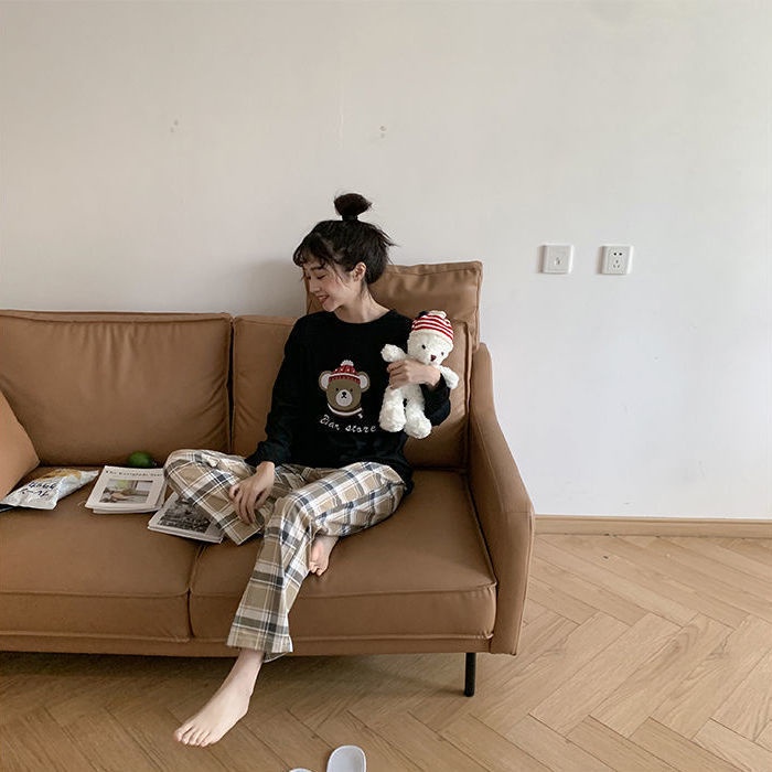 Bộ Đồ Ngủ Tay Dài Cổ Tròn In Hình Gấu Dễ Thương Phong Cách Hàn Quốc Thời Trang Xuân Thu Cho Nữ