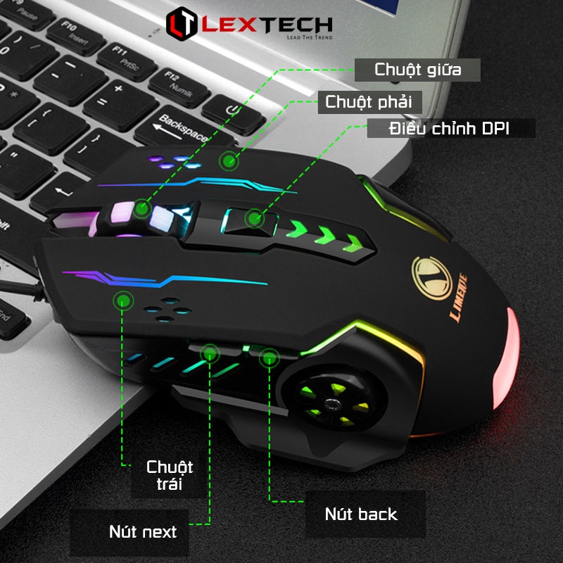 Chuột gaming máy tính có dây Lextech CV7 3600 DPI LED nhiều màu chuyên game, sử dụng cho laptop máy tính bàn