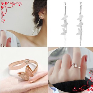 [TRANG SỨC TITAN CAO CẤP] Combo bộ trang sức gồm nhẫn + bông tai làm bằng Titan Không han gỉ Hình CÁNH BƯỚM sang trọng