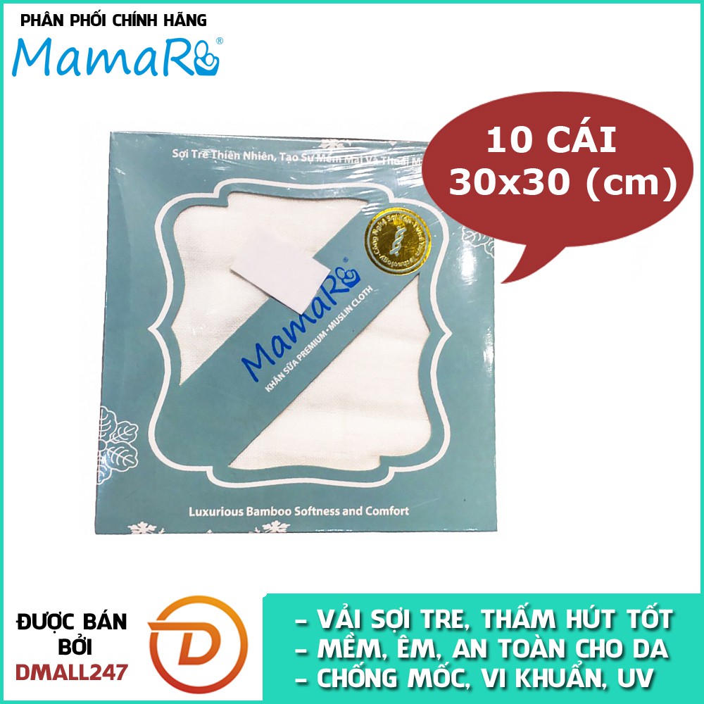 Bộ 10 cái khăn sữa vải sợi tre cho bé 30x30 Mamaru MA-KS30X30 - Diệt khuẩn, hút ẩm tốt, kháng tia UV
