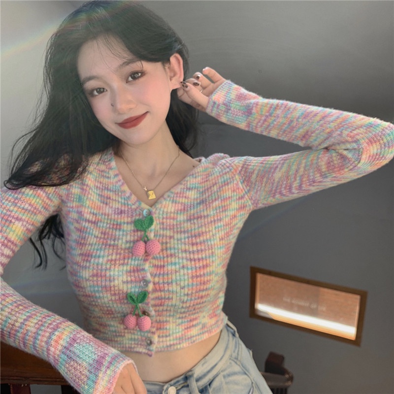 【ZHELIHANGFEI】 / Áo Khoác Cardigan Dệt Kim Dáng Ngắn Hở Rốn Màu Hồng Nhẹ Nhàng Thời Trang Xuân Thu Cho Nữ