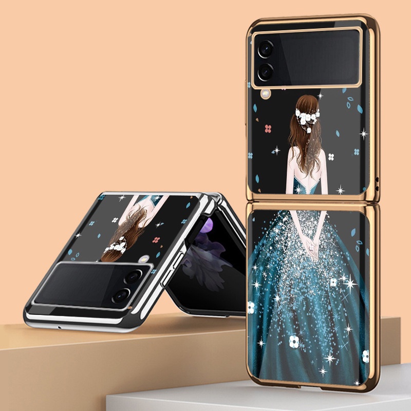 Ốp điện thoại kính cường lực mạ xanh dương và đen cho Samsung Galaxy Z Flip 3 Z Flip 2 Z Flip 5G Z Fold 3 Z Fold 2 Z Flip 3
