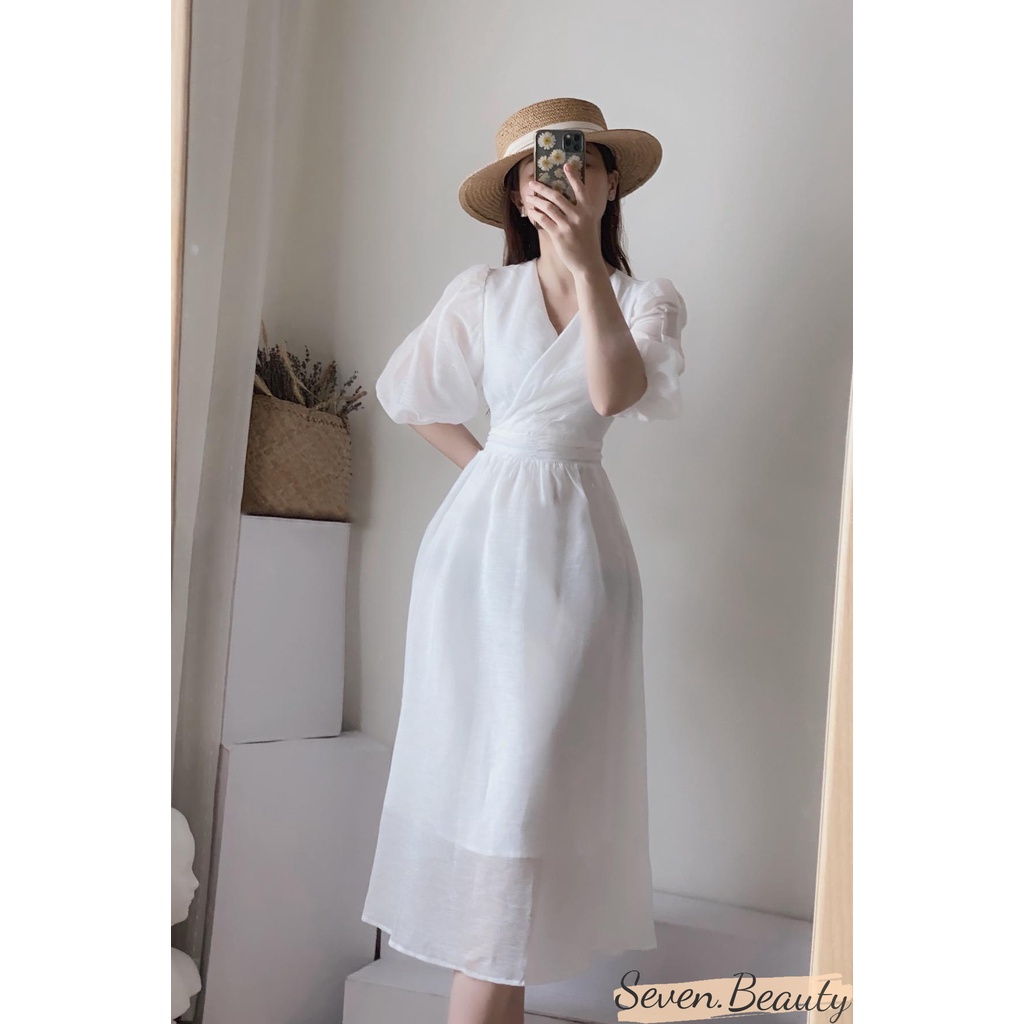 Váy nữ, đầm cổ V li eo 7.Beautiful chất tơ mềm, phong cách trẻ trung nữ tính hai màu cực xinh V106