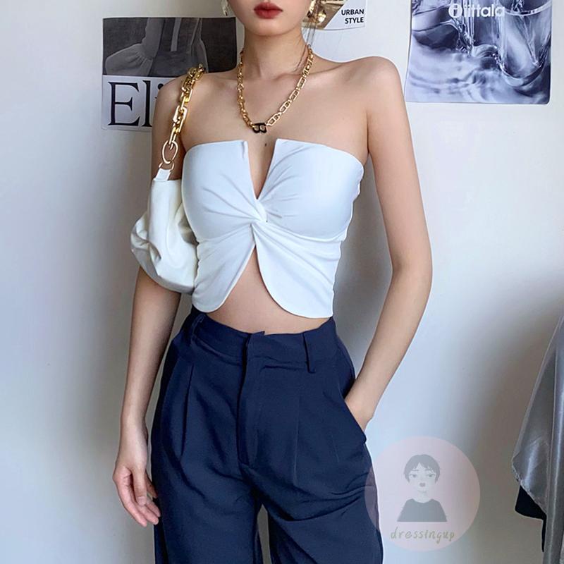 Áo Ống Cổ Chữ V Màu Trơn Thời Trang Mùa Hè Dành Cho Nữ