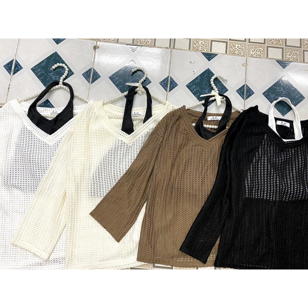 Áo cadigan len mỏng khoác ngoài đi biển phong cách Hàn Quốc. Cadigan len mỏng hoạ tiết to kèm dây buộc nhiều màu HOTHIT