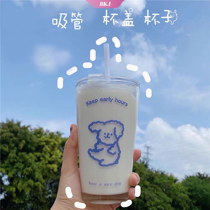 Bình Nước Thủy Tinh Trong Suốt Dung Tích 450ml In Hình Chú Chó Xanh Dương Dễ Thương Phong Cách Hàn Quốc Dành Cho Nữ