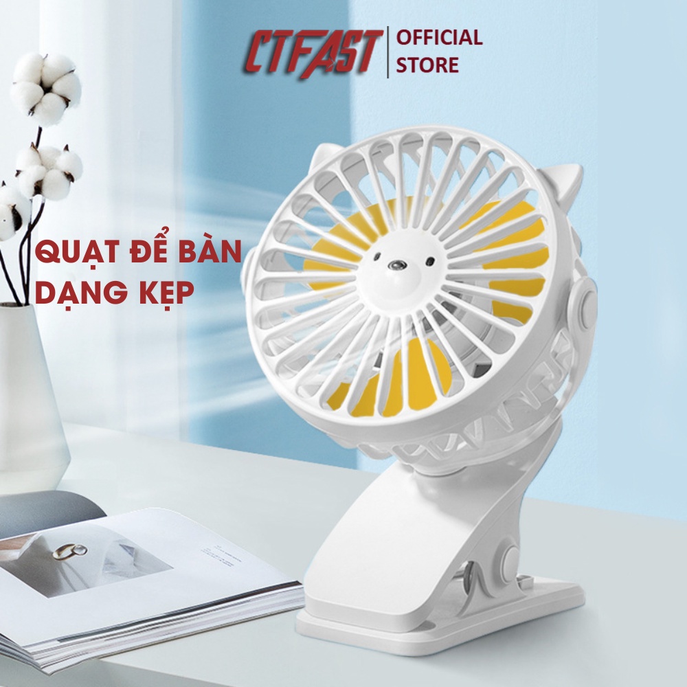 [Mã BMLT35 giảm đến 35K đơn 99K] Quạt mini tích điện cầm tay hình gấu CTFAST Q08, thiết kế dạng kẹp 2 in 1, không gây ồn