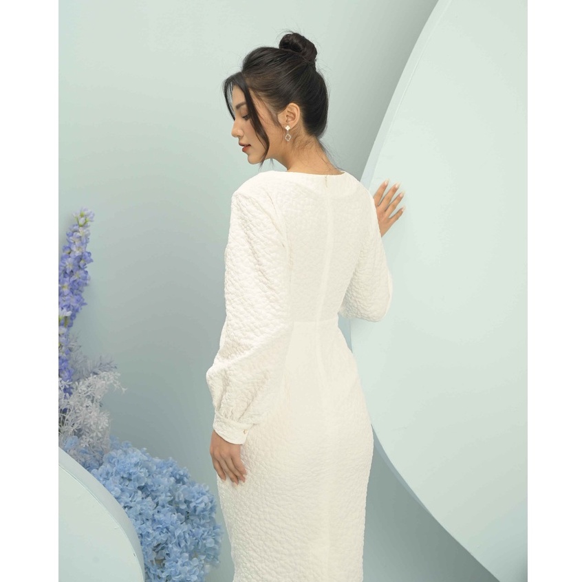 Đầm sốp sần cổ tròn, eo nhún nơ Emspo DL4176