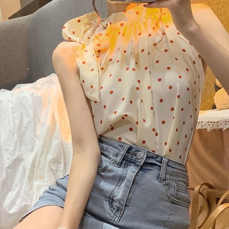 Áo Sơ Mi Sát Nách Cổ Yếm Họa Tiết Chấm Bi Thời Trang Mùa Hè Cho Nữ