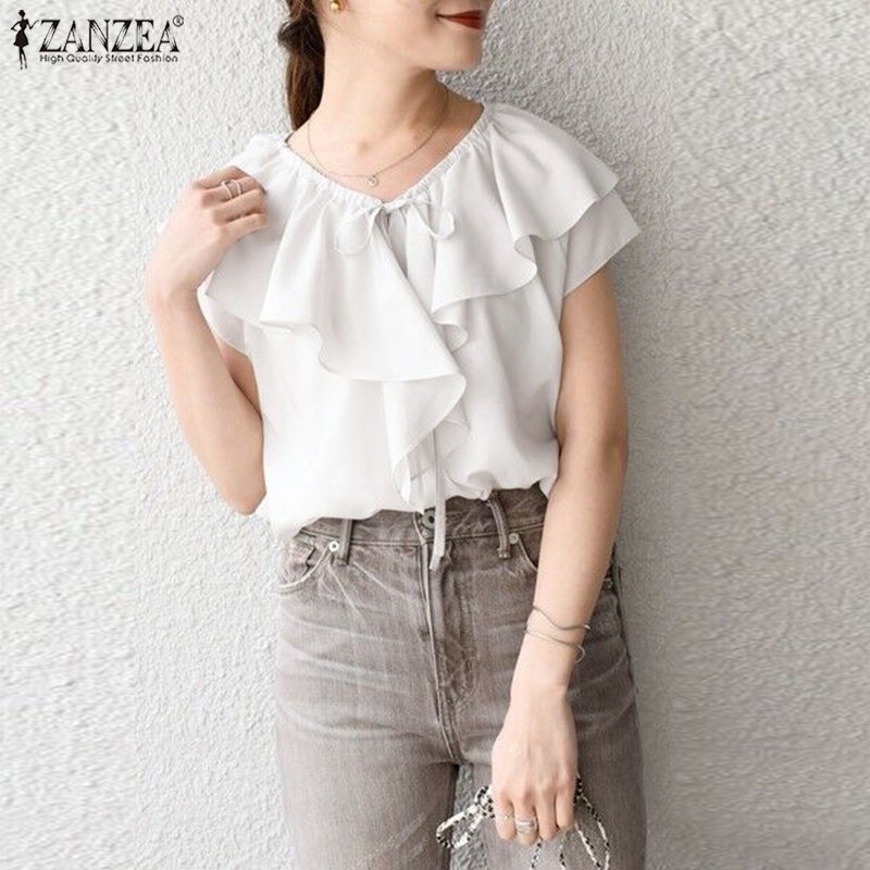 Áo kiểu ZANZEA ngắn tay cổ tròn màu trơn phối bèo thời trang cho nữ