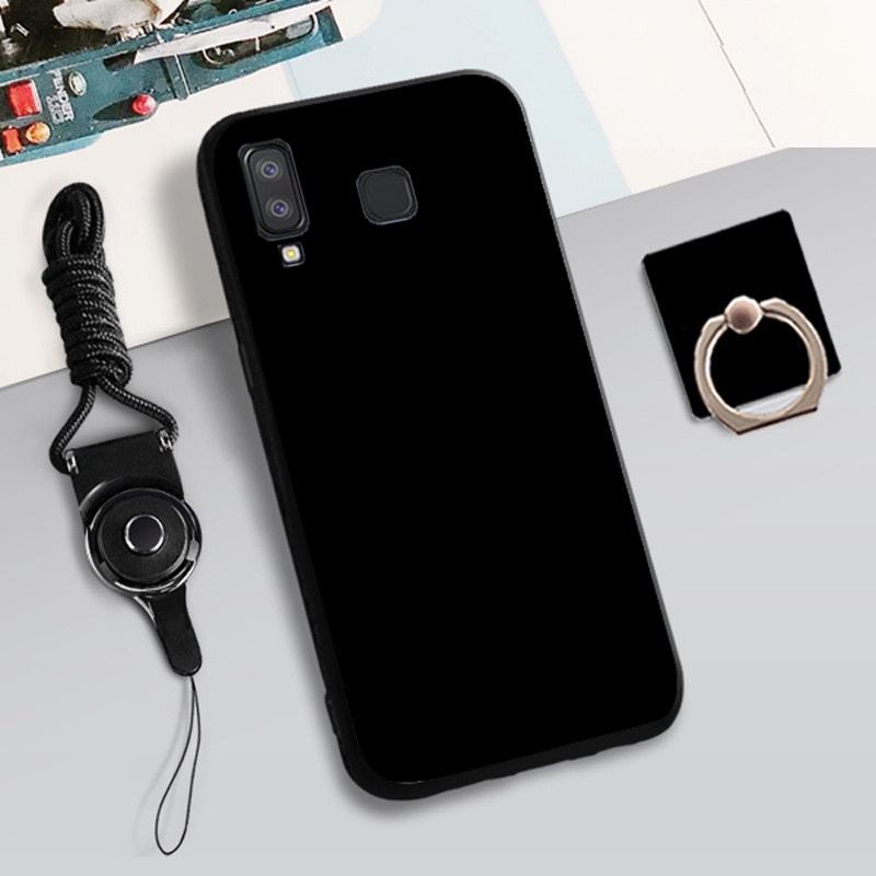 Ốp Điện Thoại Mềm Màu Đen Trơn Chống Trầy Xước Có Vòng Đỡ & Dây Cho Samsung Galaxy A9 Star / A8 Star
