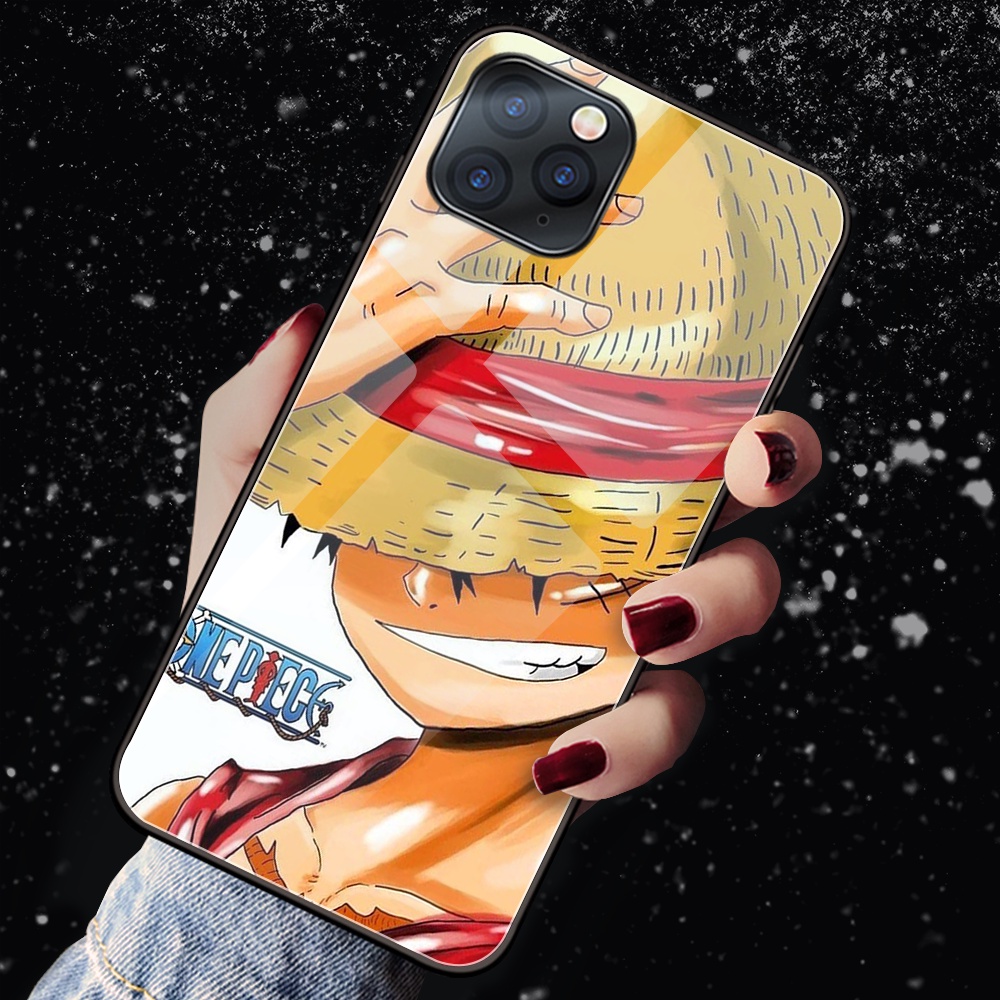 Ốp Điện Thoại Kính Cường Lực In Hình Anime One Piece Cho iPhone 11 12 13 Pro Max iPhone 7 8 Plus SE 2020 X XS