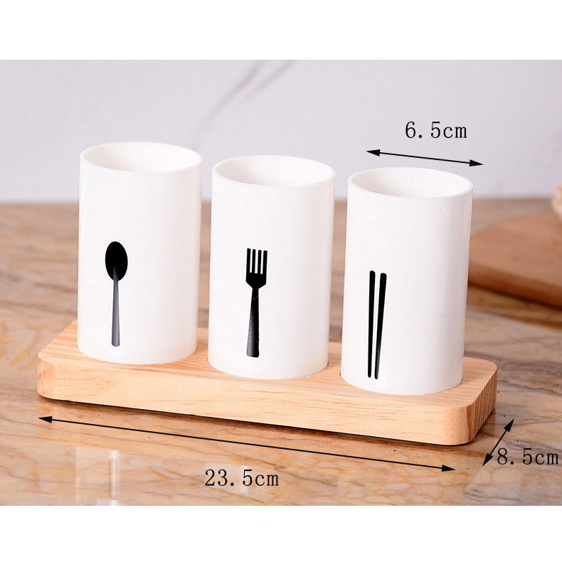 Set 3 ống đựng đũa thìa bằng nhựa đế gỗ, ống cắm đũa tiện dụng cho nhà bếp FASOLA