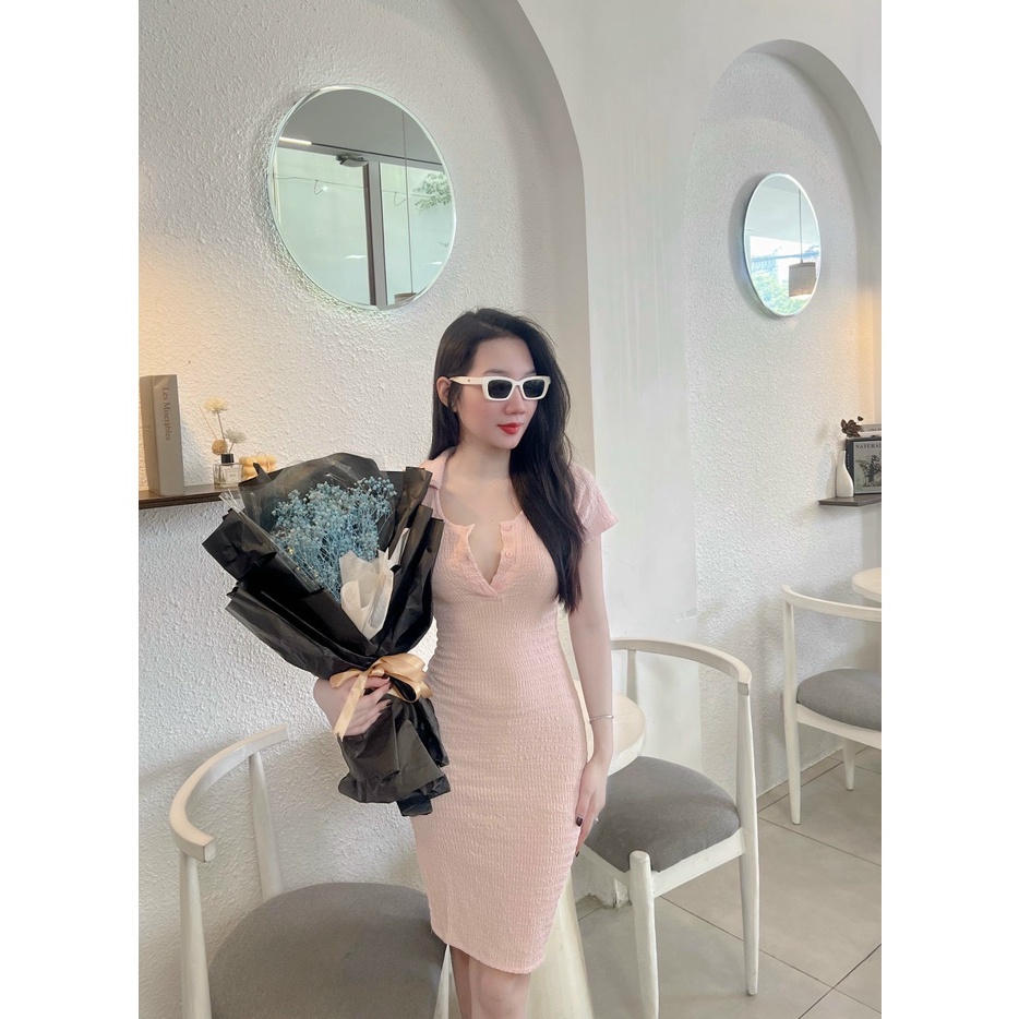 Đầm xốp tv cổ bẻ cài nút ôm body xẻ tà sexy , chất thun xốp dày dặn
